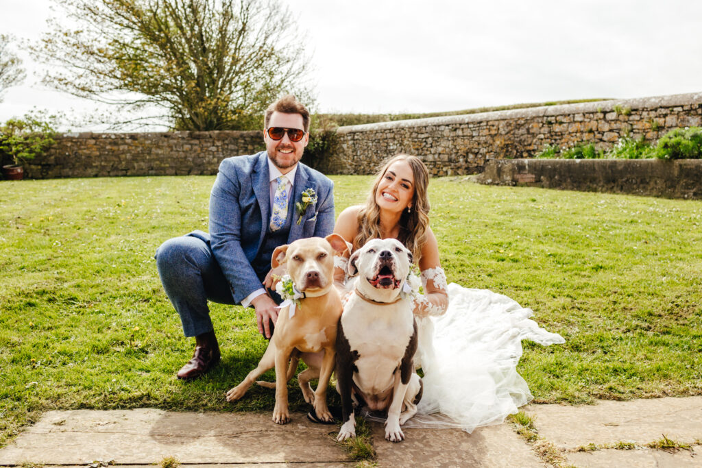 Bride and groom with their two dogs, all seemingly smiling at the camera