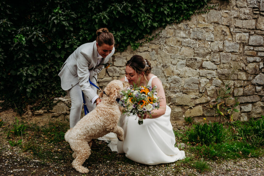 Rosedew Farm Wedding - Two brides with their Labradoodle pup